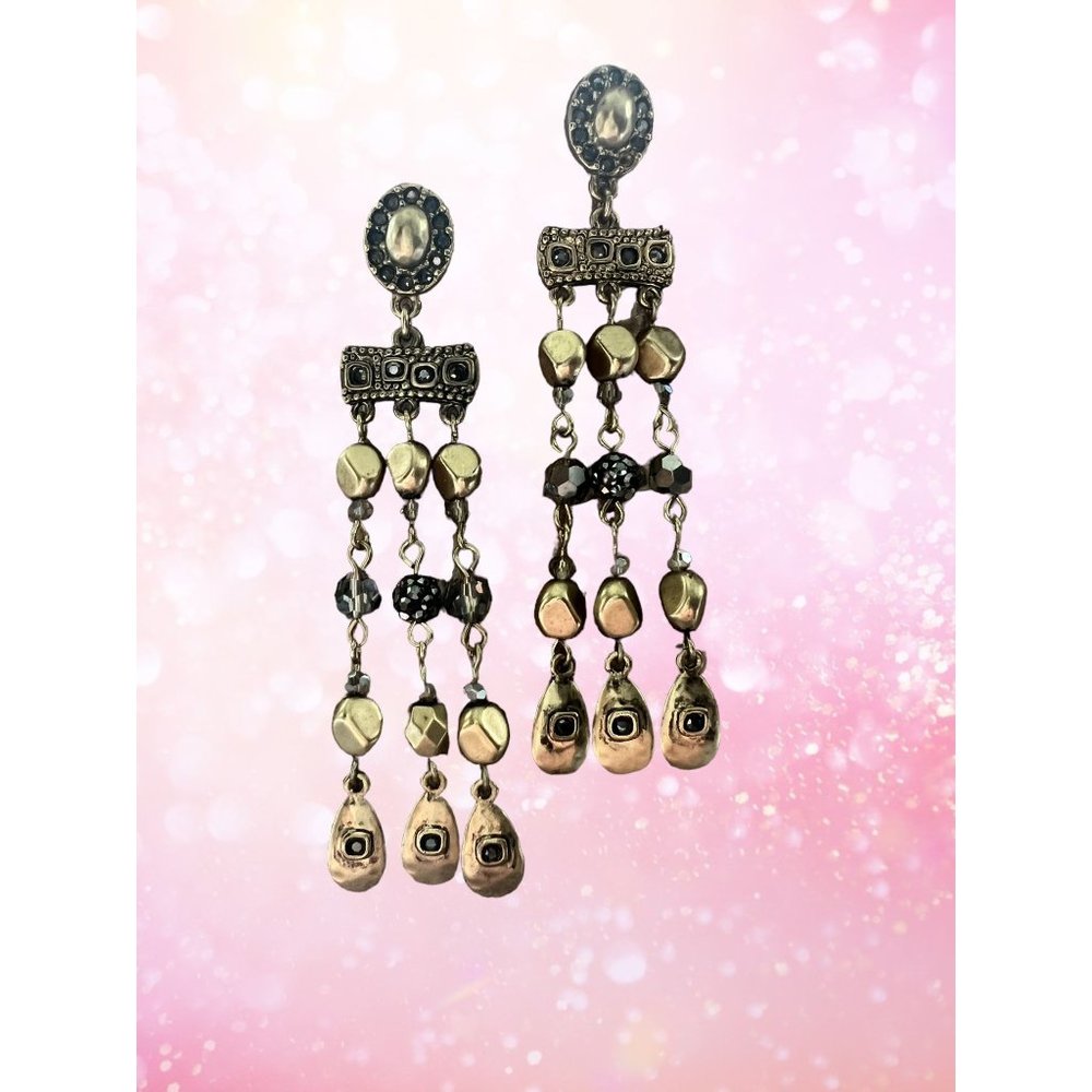 Chico's Gold and Black Dangling Beaded Chandelier Earrings